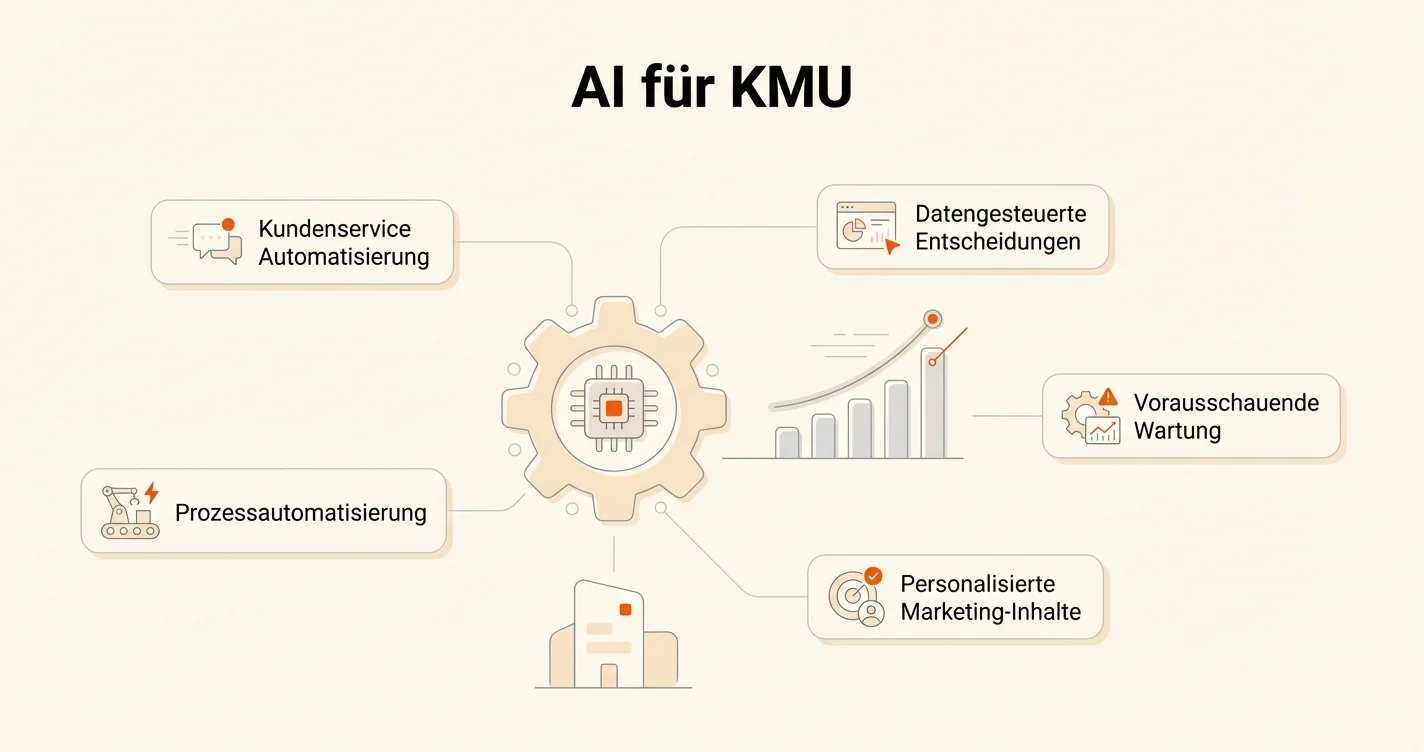 Konzeptionelle Illustration mit Zahnrad, KI-Chip und vernetzten Knotenpunkten zum Thema AI-Anwendungsfälle für KMU