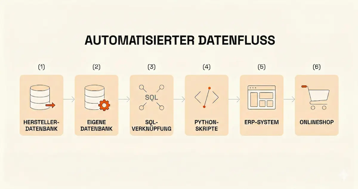 Prozessdiagramm: automatisierter Datenfluss von Hersteller-Datenbank über SQL und Python ins ERP-System und Onlineshop