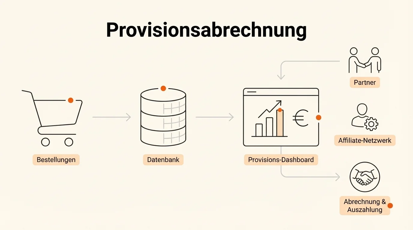 Automatisierte Provisionsabrechnung mit n8n: Dashboard zeigt Echtzeit-Umsätze für 10 Kommissionspartner
