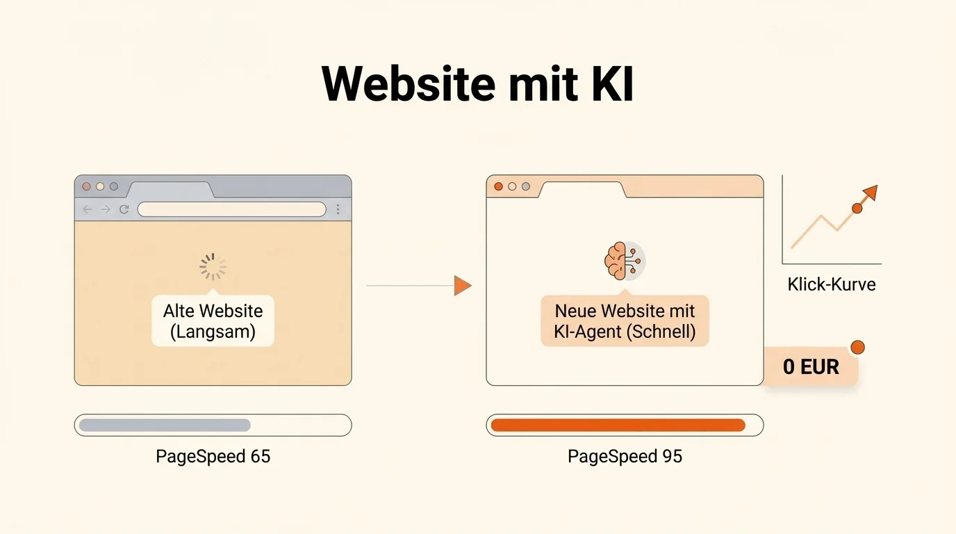 Website mit KI erstellen: Vorher WordPress PageSpeed 65, nachher Astro PageSpeed 95